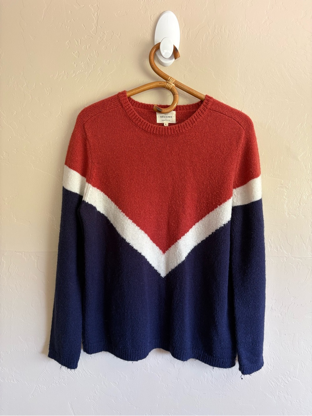 Sezane Mohair Wool Blend Karl Jumper Red White Blue Crewneck Sweater Size Large